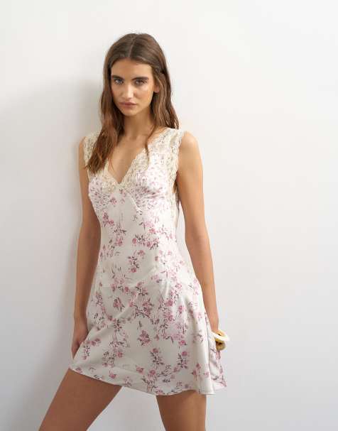 Topshop lace insert pintucked waist mini tea dress in pink floral - view 1