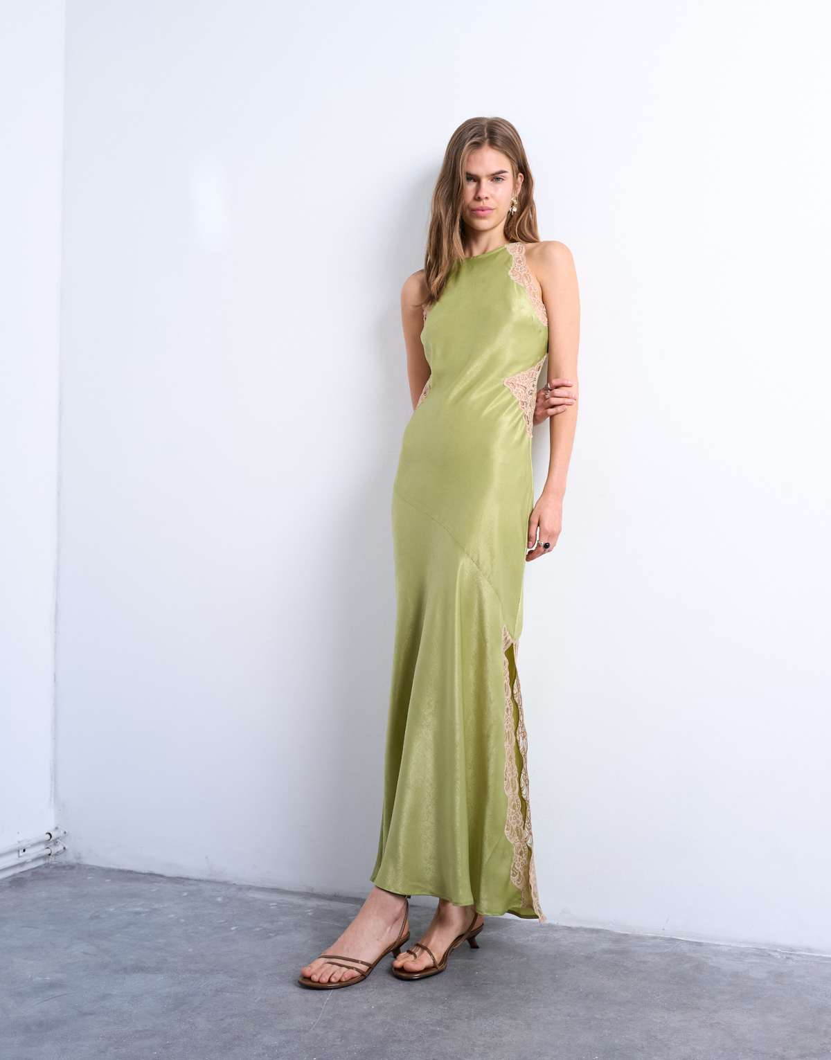 Topshop lace insert racer midi dress in avocado