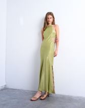 Hope & Ivy cowl neck embellished velvet maxi dress in khaki
