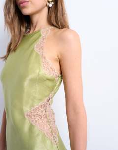 Model wearing Lace insert racer midi dress in avocado