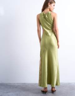 Model wearing Lace insert racer midi dress in avocado