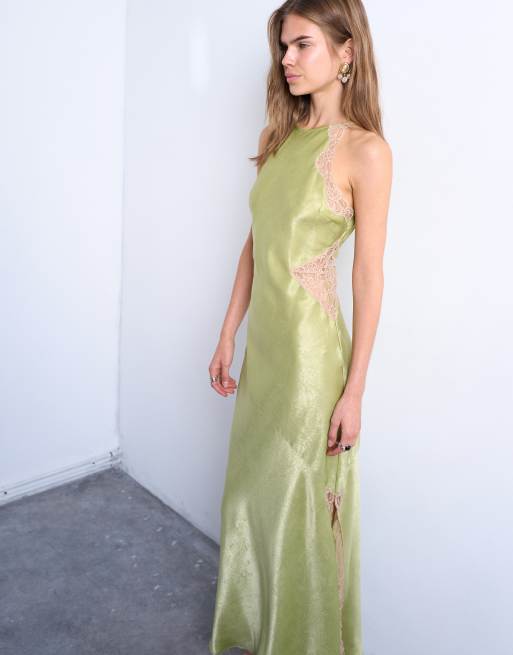 Topshop lace insert racer midi dress in avocado
