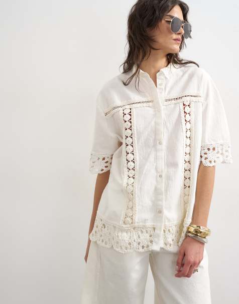 Topshop lace inserts resort shirt in ivory - view 1