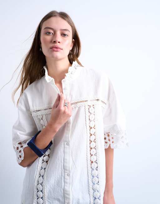 Topshop lace inserts resort shirt in ivory