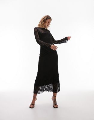 lace long sleeve maxi dress in black
