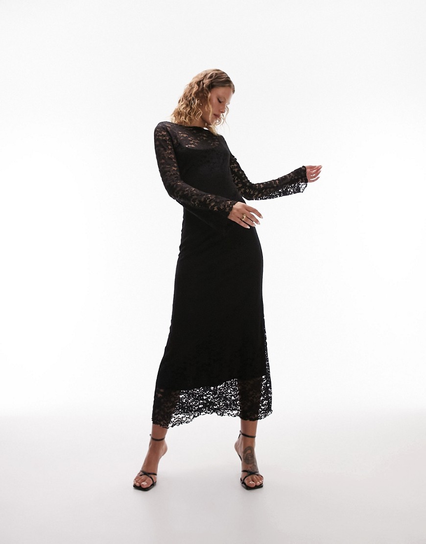 Topshop lace long sleeve maxi dress in black