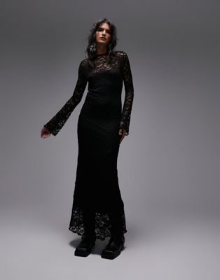 lace long sleeve maxi dress in black