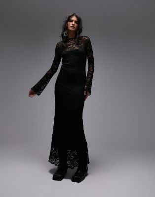 Topshop lace long sleeve maxi dress in black