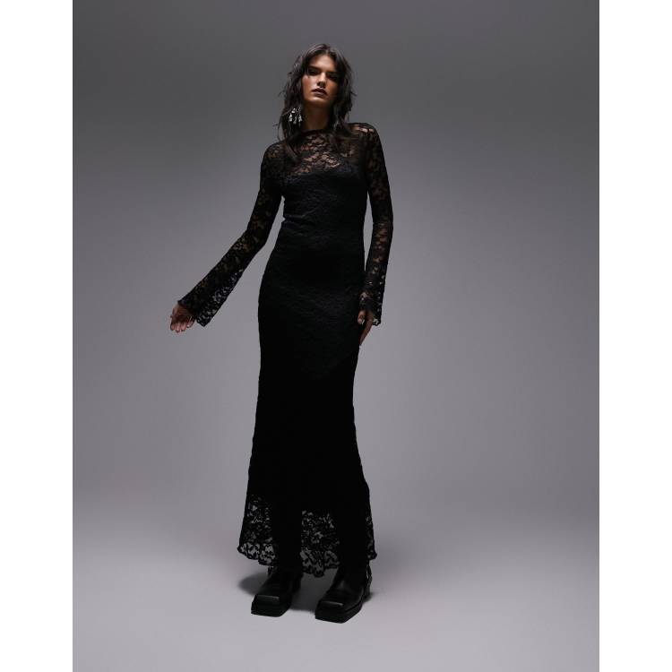 Topshop lace long sleeve maxi dress in black | ASOS