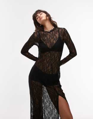 Topshop lace long sleeve maxi dress in black