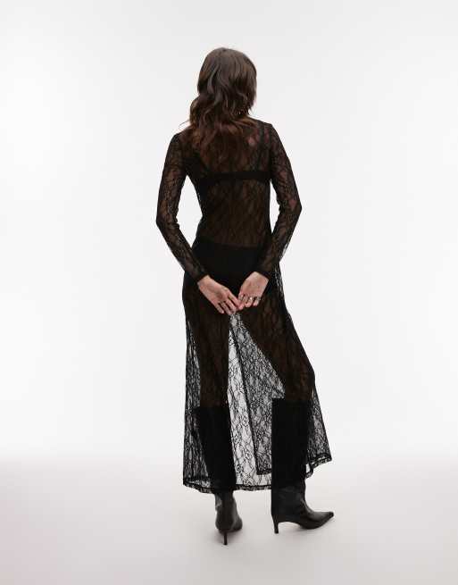 knee length dresses for ladies Topshop Twist Back Long Sleeve Satin Occasion Maxi Dress In Black main image 0