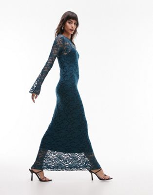 Topshop Lace Long Sleeve Maxi Dress In Teal-green