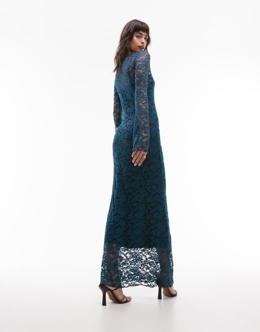 Topshop lace long sleeve maxi dress in teal