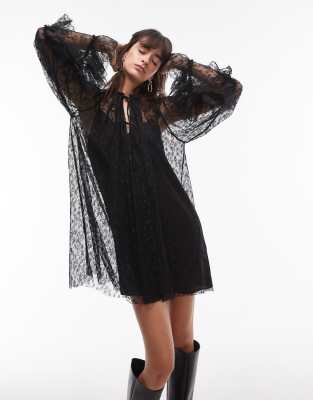 Topshop Lace Long Sleeve Mini Trapeze Dress In Black