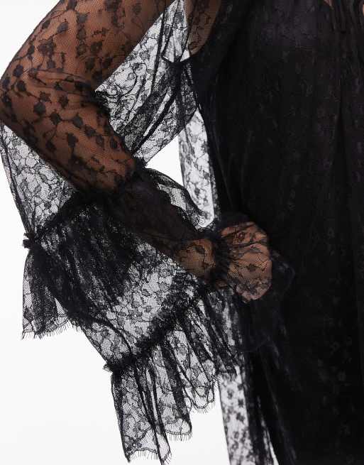 Topshop lace long sleeve mini trapeze dress in black