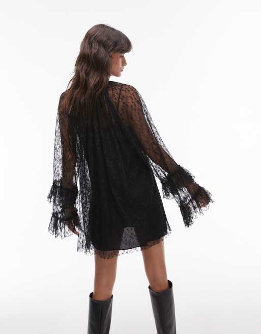 Topshop lace long sleeve mini trapeze dress in black