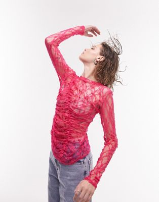 Topshop Lace Long Sleeve Ruched Channel Top In Fuchsia-pink