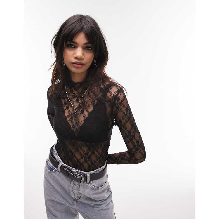 Topshop lace long sleeve top in black