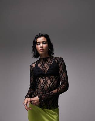 Topshop long sleeve sheer lace top in black