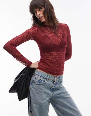 lace long sleeve top in burgundy-Red