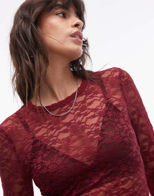 Topshop lace long sleeve top in burgundy ASOS