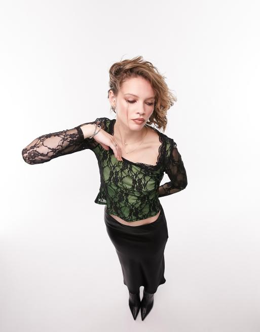 Topshop lace long sleeve top in green