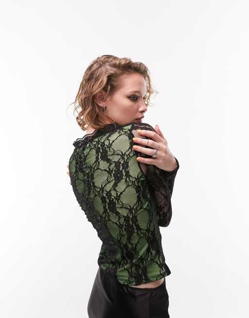 Green lace on sale tops with sleeves