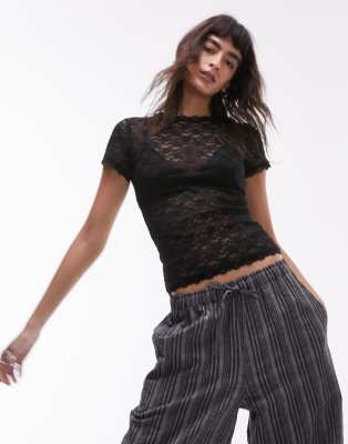 Topshop lace longline tee in black