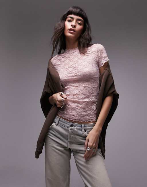 Topshop lace longline tee in pink
