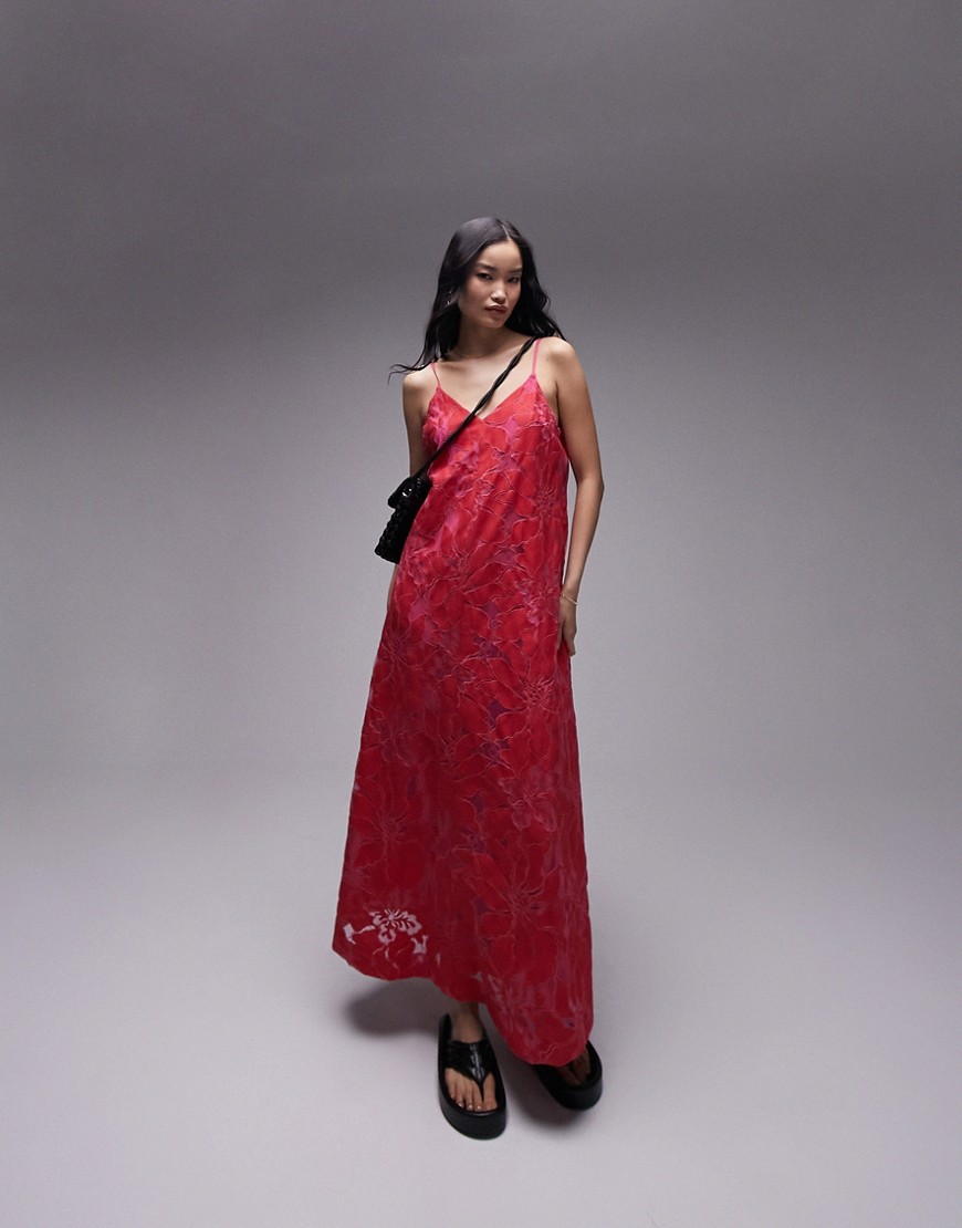 Topshop Lace Maxi Throw-on Dress In Red And Pink