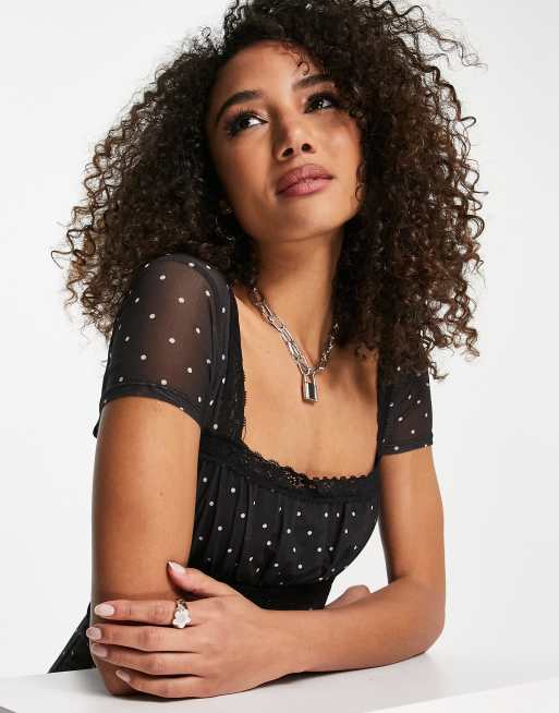 Topshop lace mesh mini tea dress with square neck in mono spot, 3 of 4