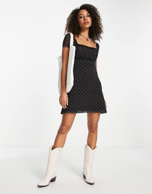 Topshop lace mesh mini tea dress with square neck in mono spot, 4 of 4
