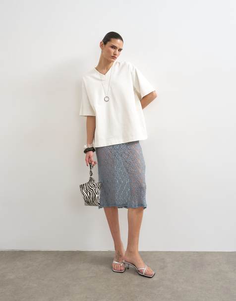 Topshop lace midi skirt in blue