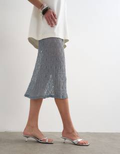 Model wearing Lace midi skirt in blue