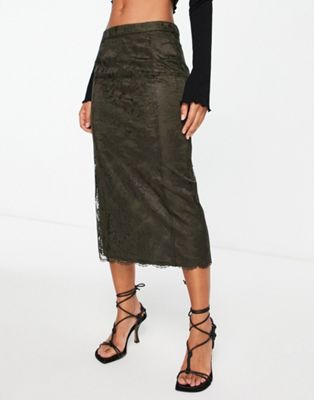 Topshop lace midi skirt in khaki - ASOS Price Checker