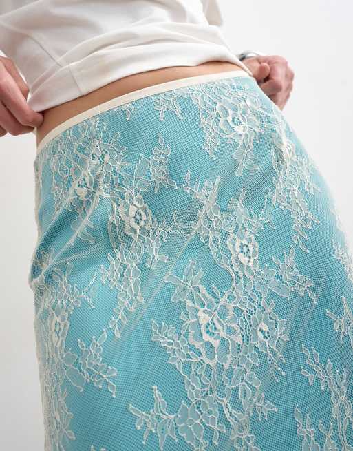 Topshop lace midi skirt with blue insert in ecru, 2 of 5