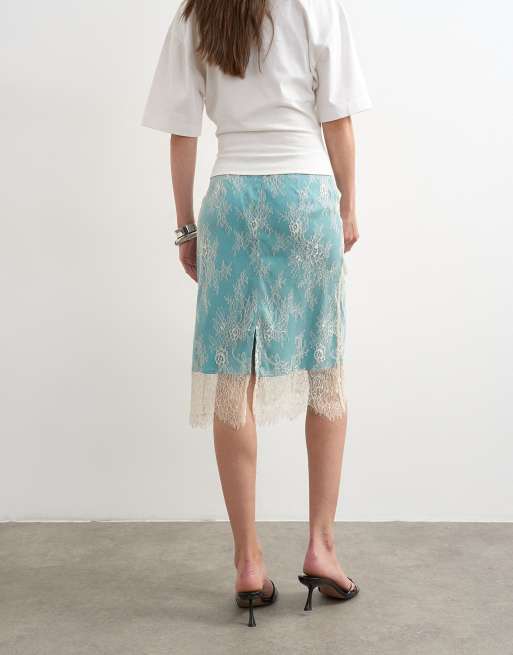 Topshop lace midi skirt with blue insert in ecru, 4 of 5
