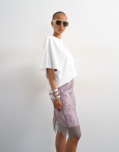 Model wearing Lace midi skirt with pink insert in grey