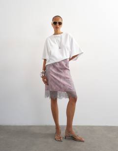 Model wearing Lace midi skirt with pink insert in grey