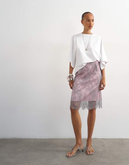 Topshop lace midi skirt with pink insert in grey, 5 of 5