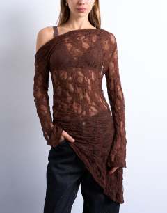 Lace off shoulder tunic long sleeve top in chocolate
