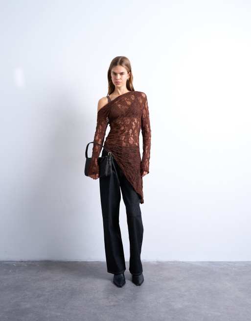 Topshop lace off shoulder tunic long sleeve top in chocolate, 2 of 4