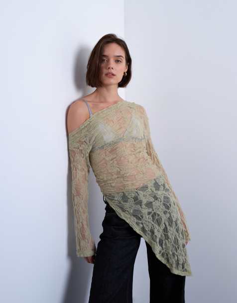 Topshop lace off the shoulder tunic long sleeve top in green - view 1