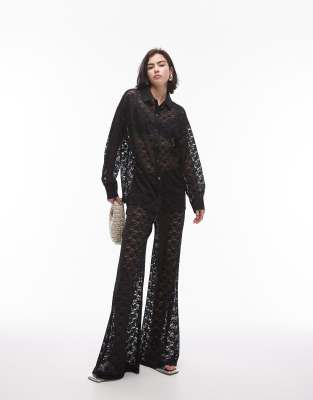 Topshop Lace Oversized Shirt In Black - Part Of A Set