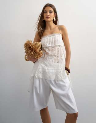 Topshop Lace Panel Cami With Embroidery Detail In White