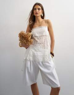 Lace panel cami with embroidery detail in white