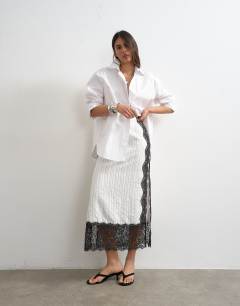 Model wearing Lace panel column maxi skirt in white stripe