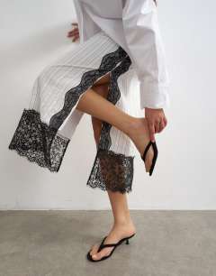 Model wearing Lace panel column maxi skirt in white stripe