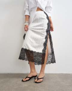 Model wearing Lace panel column maxi skirt in white stripe