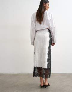 Model wearing Lace panel column maxi skirt in white stripe